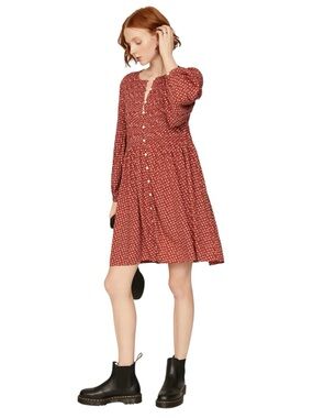 NWT Madewell Button Front Smocked Mini Dress Floral Red Womens Size Medium